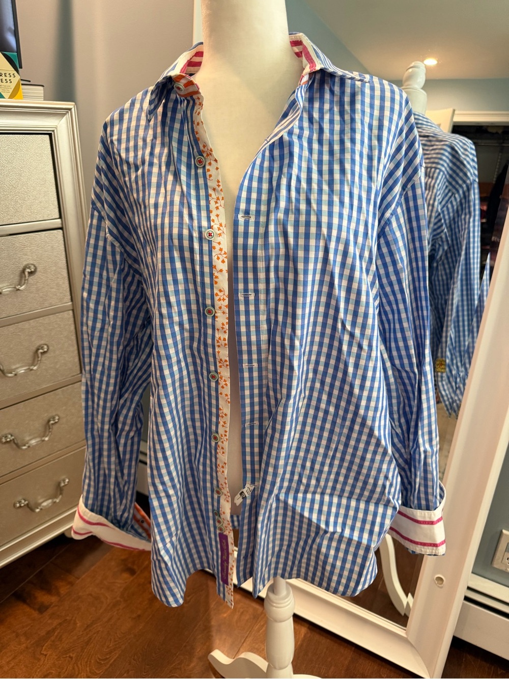 Robert Graham Blue and White Gingham Shirt with Pink Trim